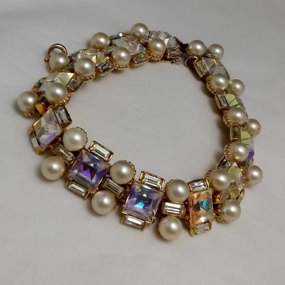 Vintage Bogoff AB Rhinestone & Pearl Bracelet Rare